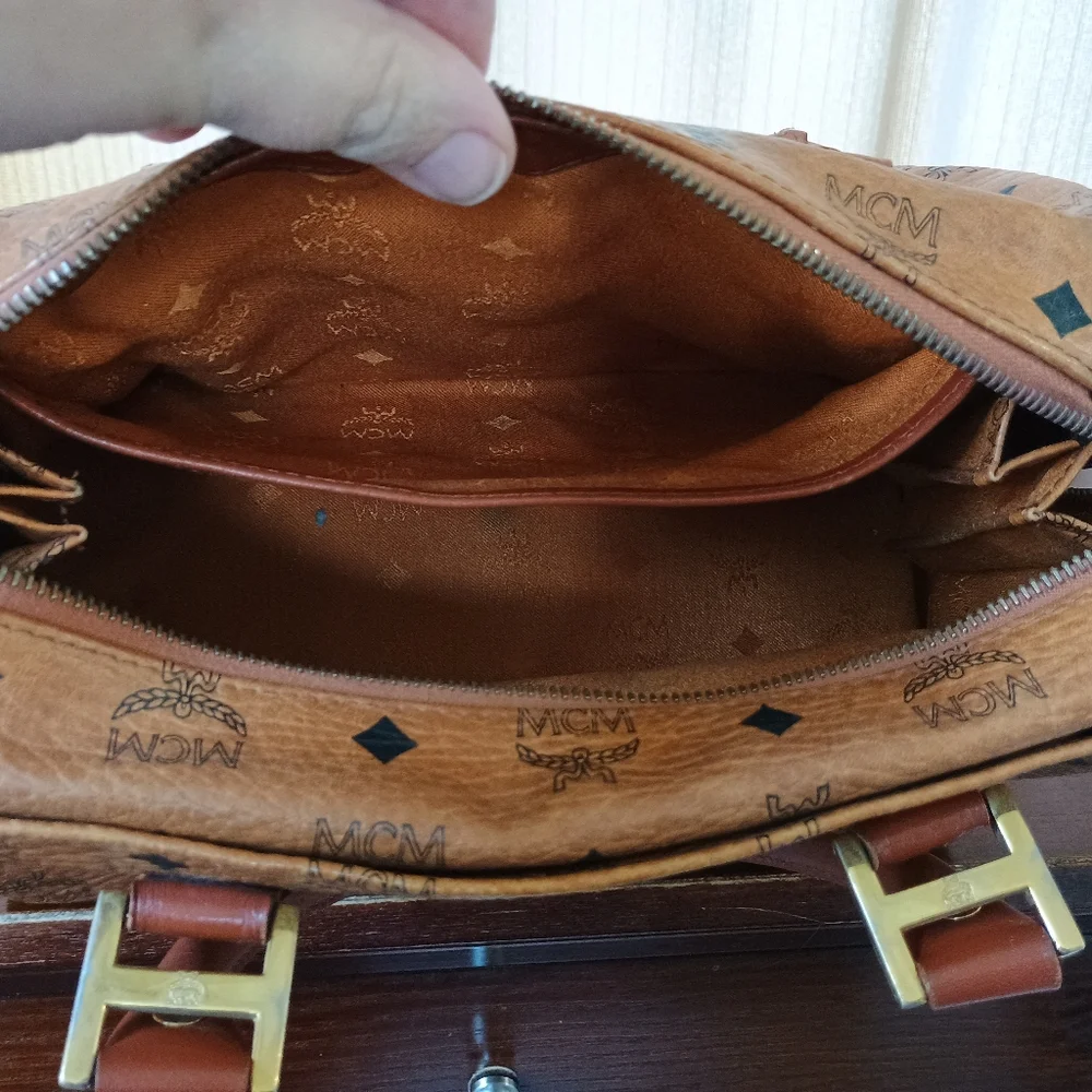 MCM Cognac Brown Monogram Handbag with Black Diamond Motif and Gold Hardware